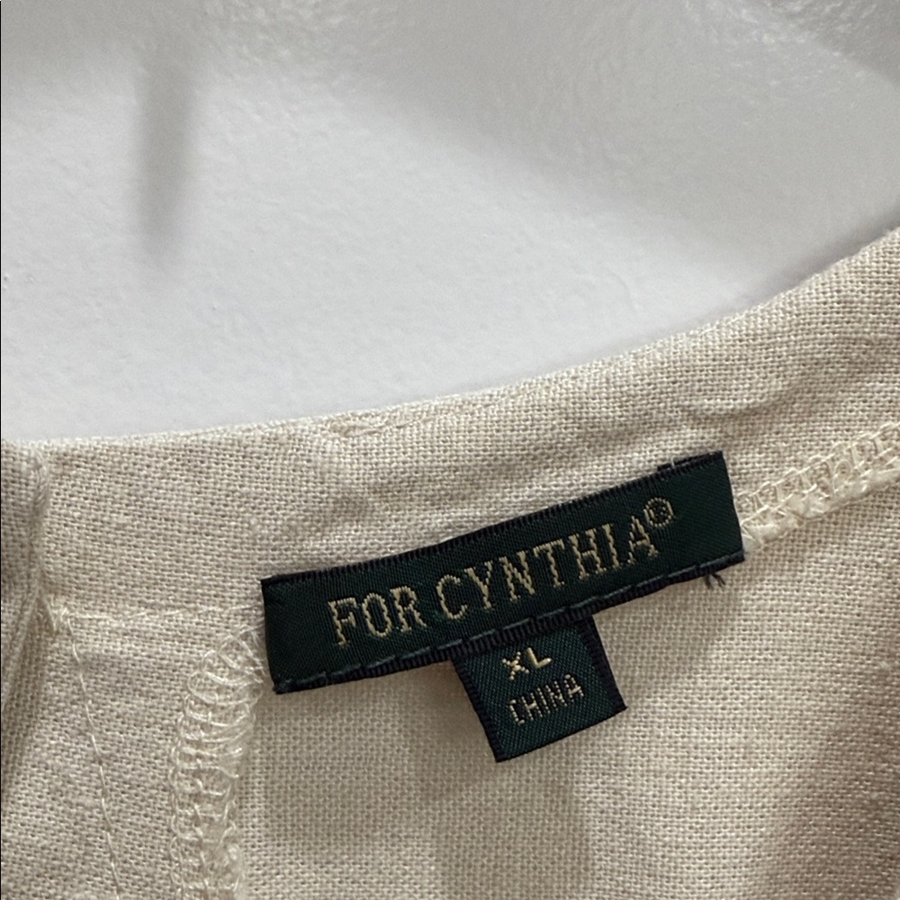 For Cynthia Beige Linen Blend Dress with Colorful Floral Accents - Picture 2 of 7